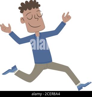 A black boy in a blue shirt runs very happy. Stock Vector