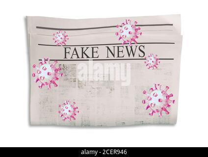 Coronavirus Covid-19 news. Newspaper with headline Breaking News on horizontal surface with flying virus. Old newspapers background. Aged news pages t Stock Photo
