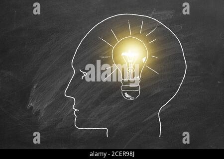Human head silhouette with glowing light bulb inside.  Symbol of a new idea. illustration on blackboard. Stock Photo
