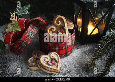 Christmas cookies Christmas composition with  heart shaped cookies Stock Photo