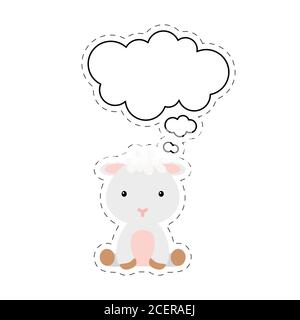 Cute cartoon sheep with speech bubble sticker. Kawaii character on white background. Cartoon sitting animal postcard clipart for birthday, baby shower Stock Vector
