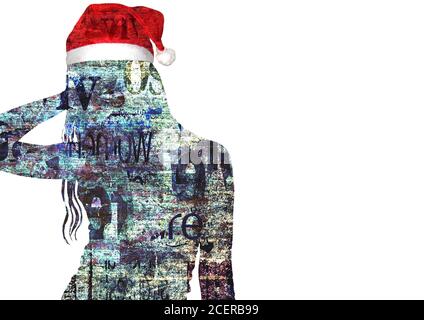 Mixed media contemporary fashion art Happy New Year and Merry Christmas collage. Beautiful girl silhouette in red Santa Claus hat with newspaper textu Stock Photo