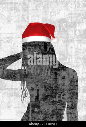 Mixed media contemporary fashion art Happy New Year and Merry Christmas collage. Beautiful girl in red Santa Claus hat on newspaper texture background Stock Photo