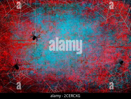 Halloween holiday bloody red and teal grunge horizontal background with webs and spiders on dark spooky night sky. Halloween, horror concept. Space fo Stock Photo