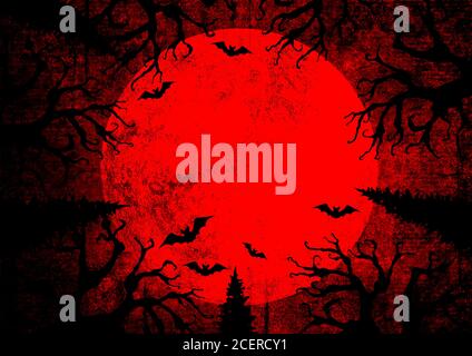 Halloween holiday bloody red grunge horizontal background with full moon, silhouettes of bats and terrible dead trees on dark spooky night sky. Hallow Stock Photo