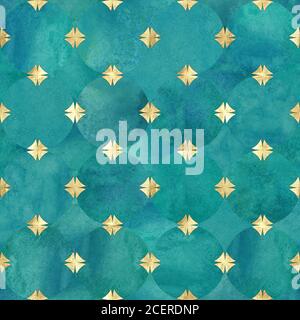 Abstract watercolor background with teal turquoise green circles. Watercolour hand drawn seamless pattern with gold geometric shapes. Golden luxury te Stock Photo