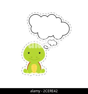 Cute cartoon turtle with speech bubble sticker. Kawaii character on white background. Cartoon sitting animal postcard clipart for birthday baby shower Stock Vector