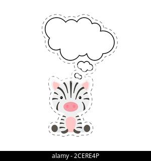Cute cartoon zebra with speech bubble sticker. Kawaii character on white background. Cartoon sitting animal postcard clipart for birthday, baby shower Stock Vector