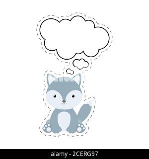Cute cartoon wolf with speech bubble sticker. Kawaii character on white background. Cartoon sitting animal postcard clipart for birthday, baby shower Stock Vector