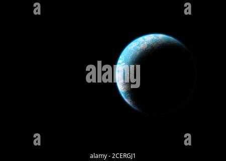 Blue alien planet in space. Isolated on black background with copy space. Stock Photo