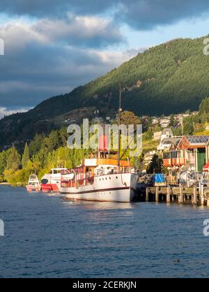 The TSS Earnslaw steamer commercial passenger ship moored at Lake Wakatipu Queenstown Otago New Zealand Stock Photo