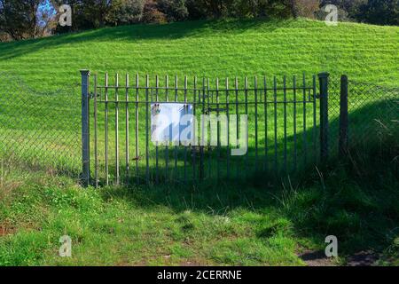 A heavy wrought iron gate barring access to the water treatment works at Ogmore village in this quiete rural location. Stock Photo