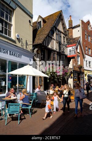 Tourists enjoying the cafes and pubs of George Street in Hastings Old Town, East Sussex, England UK 2020 - Hastings street Sussex Stock Photo