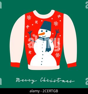 traditional ugly Christmas sweater with snowman. Funny holiday clothes with cute print. Red body and beige sleeves. white collar and red cuffs Stock Vector