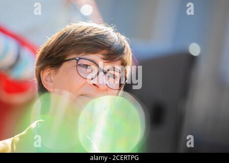 02 September 2020, North Rhine-Westphalia, Neuss: Saskia Esken, party leader of the SPD, is standing at an election campaign event in the city centre during the summer trip of the SPD leadership. Photo: Rolf Vennenbernd/dpa Stock Photo