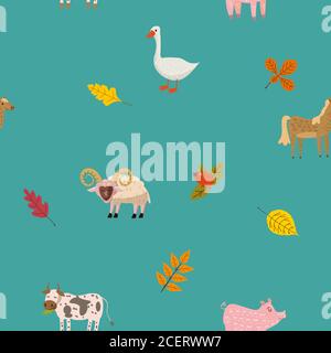 Seamless autumn pattern with farm animal ram, goose, cow, pig, horse. Vector background cartoon style Stock Vector