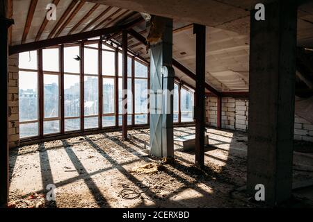 Dark abandoned industrial or office building attic Stock Photo