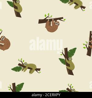 Cute sloth on tree. Seamless pattern with funny sloth, flowers, branch. Vector in the childish style isolated Stock Vector