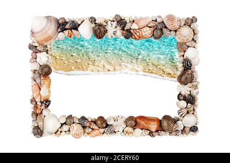 Sea shells frame white background isolated closeup seashells border, blue wave sand beach, turquoise water pattern summer holiday backdrop, copy space Stock Photo