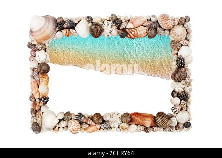 Sea shells frame white background isolated closeup seashells border, blue wave sand beach, turquoise water pattern summer holiday backdrop, copy space Stock Photo