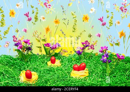 Roma tomatoes as easter eggs in noodle nests among green excelsior easter grass. With colorful spring flowers, blue sky and a sunrise. Stock Photo