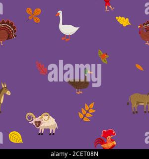 Seamless autumn pattern with farm animal ram, goose, duck. Vector background cartoon style Stock Vector