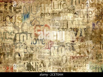 Old newspaper paper grunge with letters, words texture background. Blurred vintage newspapers textured backdrop. Blur unreadable aged news lettering h Stock Photo