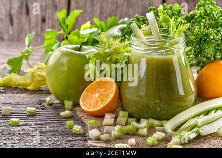 fresh homemade green smoothie made from celery Stock Photo