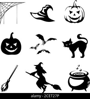 Set of Halloween objects. Vector black and white silhouettes. Stock Vector