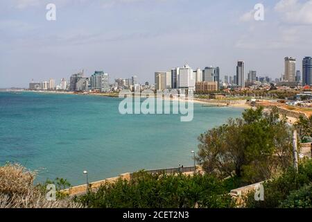 Israel,Tel Aviv beach front and skyline as seen from south, from Jaffa Stock Photo