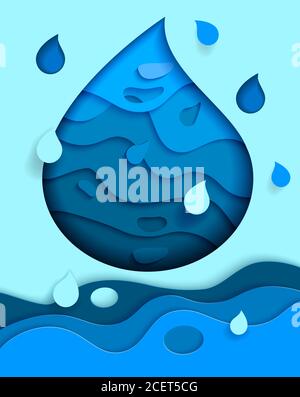 Fresh water. Banner design template. Abstract water drop paper cut style. Save water earth recourses ecological concept for environmental infographic. Vector illustration. Stock Vector