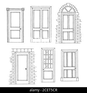 Doors set graphic black white isolated sketch illustration vector Stock Vector