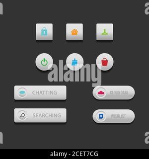 Colorful web design button collection with flat design. Web and ui application color button icon for modern website. Vector icons isolated on dark bac Stock Vector