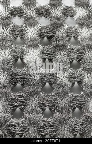 Invisible magnetic flux made visible with iron filings creating interesting  interlocking patterns with circular magnet Stock Photo