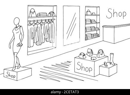 Shop interior graphic black white sketch illustration vector Stock Vector