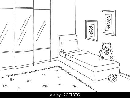 Children room graphic black white interior sketch illustration vector Stock Vector