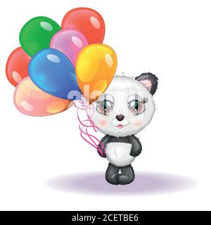 Cute little panda with balloons, greeting card illustration, cute animal. Stock Vector