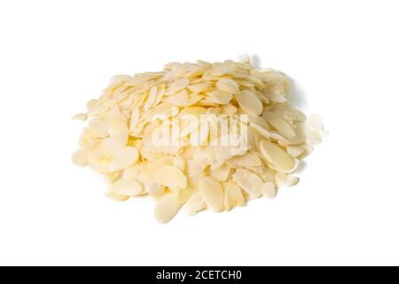 Sliced almonds, Slivered almonds, Peeled or hulled almond slices pile isolated on white background. Front views, close-up Stock Photo
