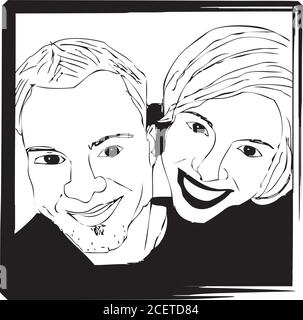 Portrait Selfie Picture of Couple - Black and White in Frame Stock Vector