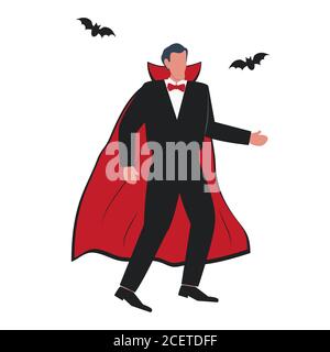 Man in a vampire costume at a halloween party. A man is dancing at a masquerade. There are also bats in the picture. Vector illustration Stock Vector
