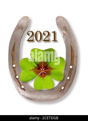 horse shoe with greetings for new year 2021 Stock Photo