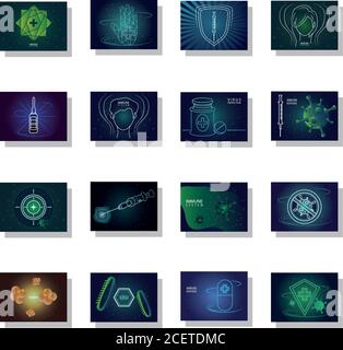 set of icons immunity, shield protecting from viruses, germs vector illustration design Stock Vector