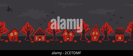 Halloween houses. Spooky village. Seamless border. Red silhouettes of houses and trees on a black gray background. There are also bats and pumpkins Stock Vector
