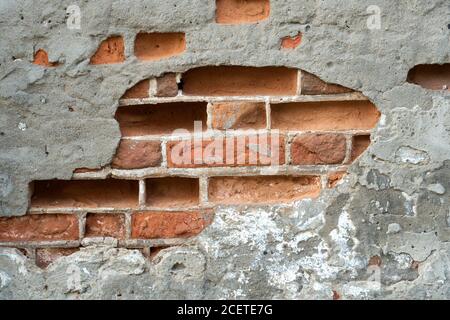 Old brick wall. Wall texture background. Big full frame background of detailed old red brick wall with copy space. Painted Distressed Wall Surface. Sh Stock Photo