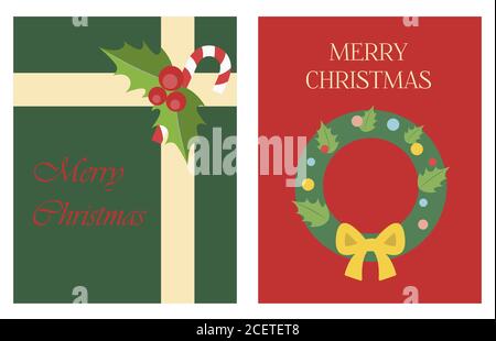 Christmas greeting card in flat style. Bright illustration with a gift from Santa Claus and a Christmas tree wreath with toys. Poster for greetings, parties, sales, or web ads. Chirstmas Simple Typography Greeting Poster Stock Vector