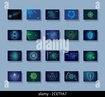 immunity icon set, shield protecting from viruses, germs and bacteria vector illustration design Stock Vector