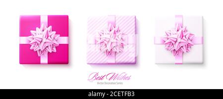 Set of gifts boxes with pink bows and ribbons isolated on white background Stock Vector