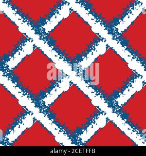 Vector wicker weave seamless pattern background. Painterly grunge brush diagonal grid mesh backdrop. Woven criss cross red,blue, white geometric Stock Vector