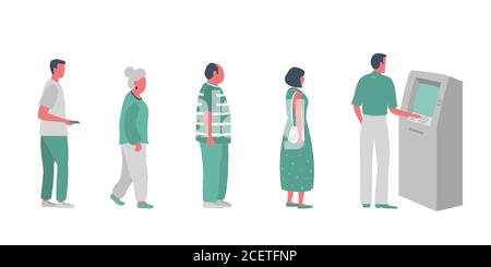 Queue to the ATM. People are waiting in line to withdraw money from an ATM. Vector illustration in flat style Stock Vector