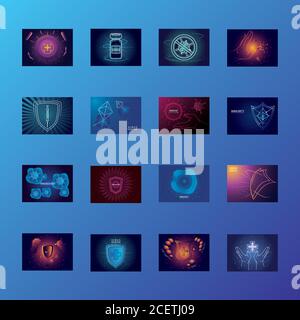 set of icons immunity, shield protecting from viruses, germs and bacteria vector illustration design Stock Vector